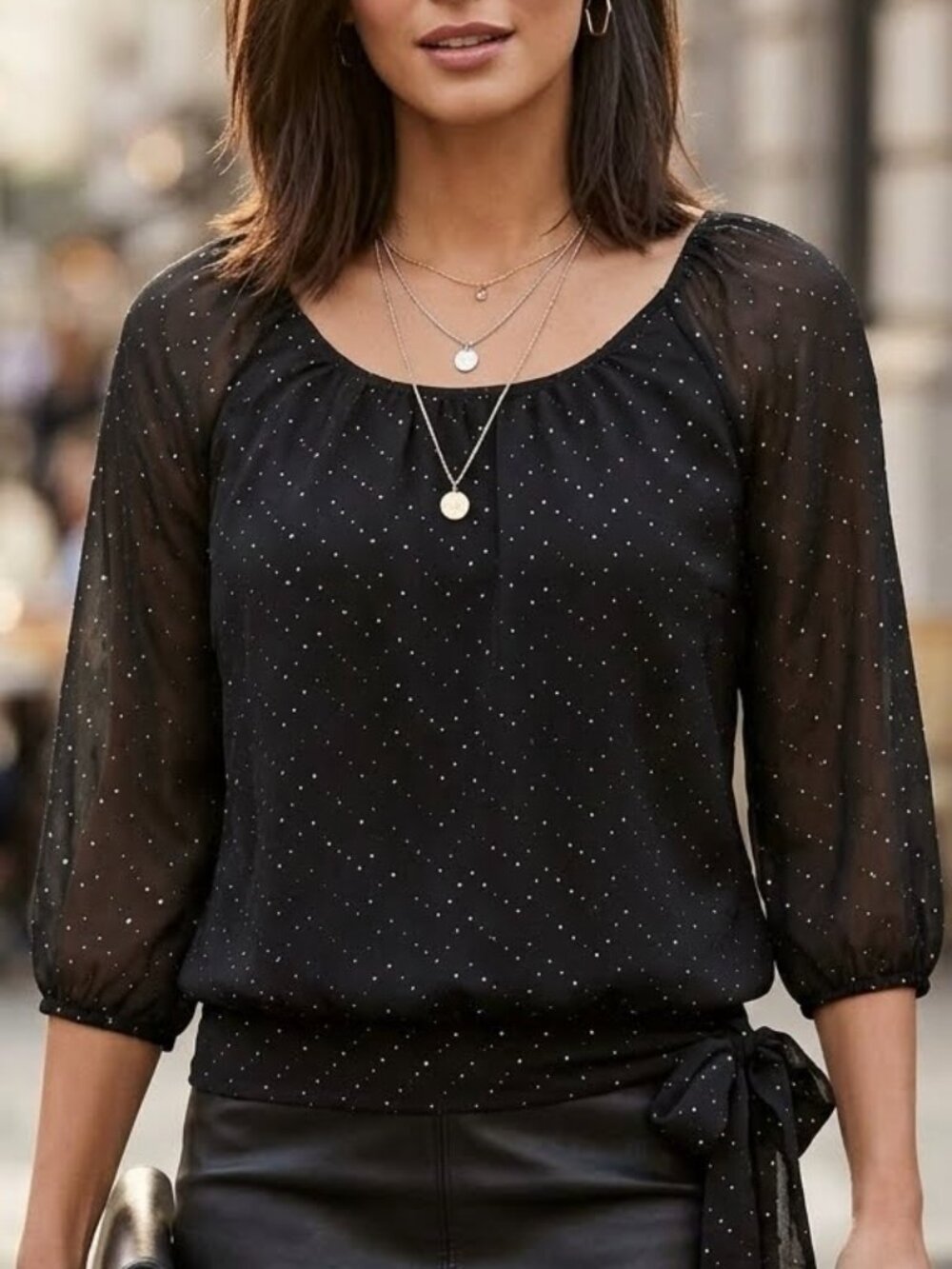 ELLE Blouse Dot Details Sheer Sleeves Scoop Neckline Tie Hem Black & Bronze  L